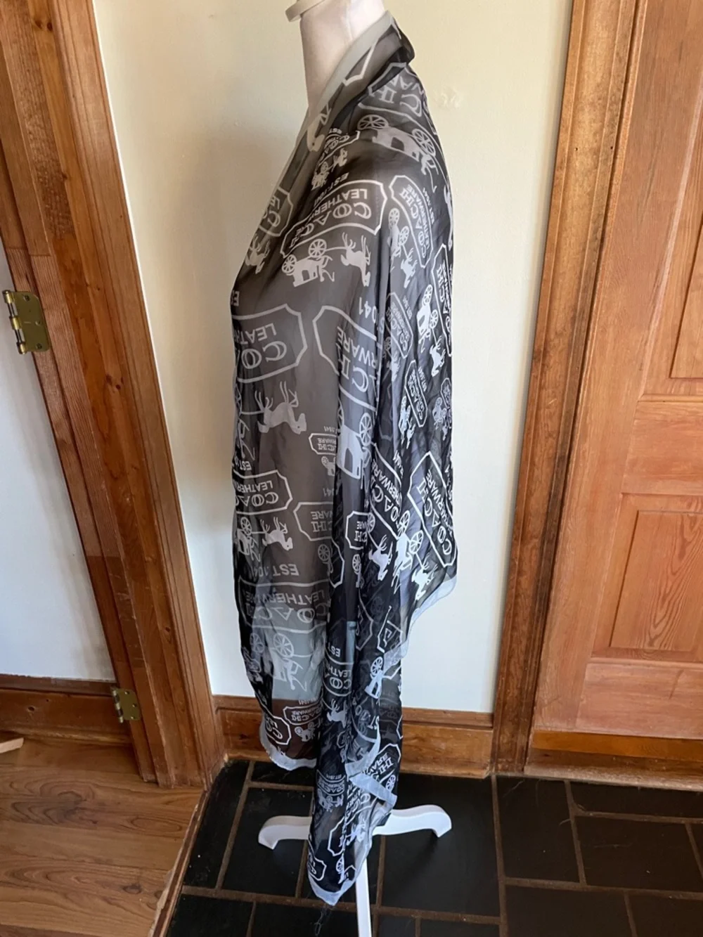COACH Black and White Logo Horse & Carriage Print Silk Oblong Scarf